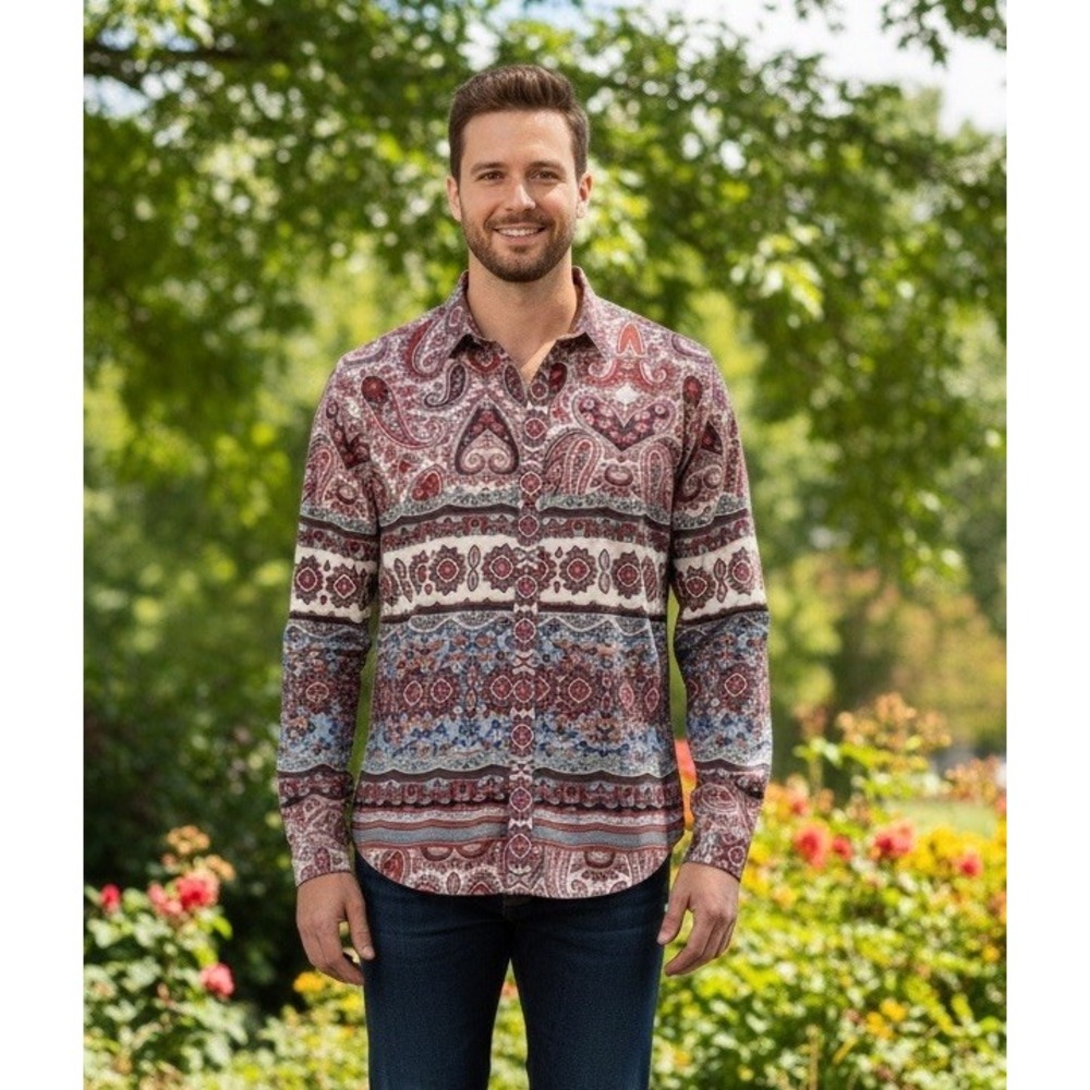 Thomas Dean Mens Size Large 100% Cotton Floral‎ Aztec Print Long Sleeved Button